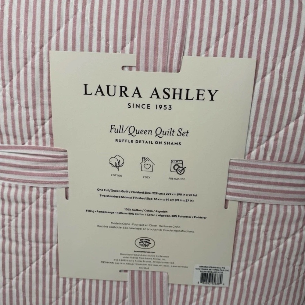 Laura Ashley ~ Full/Queen PINK Oxford Stripe Quilt/Sham Set ~ Reversible/Cotton - Picture 5 of 9